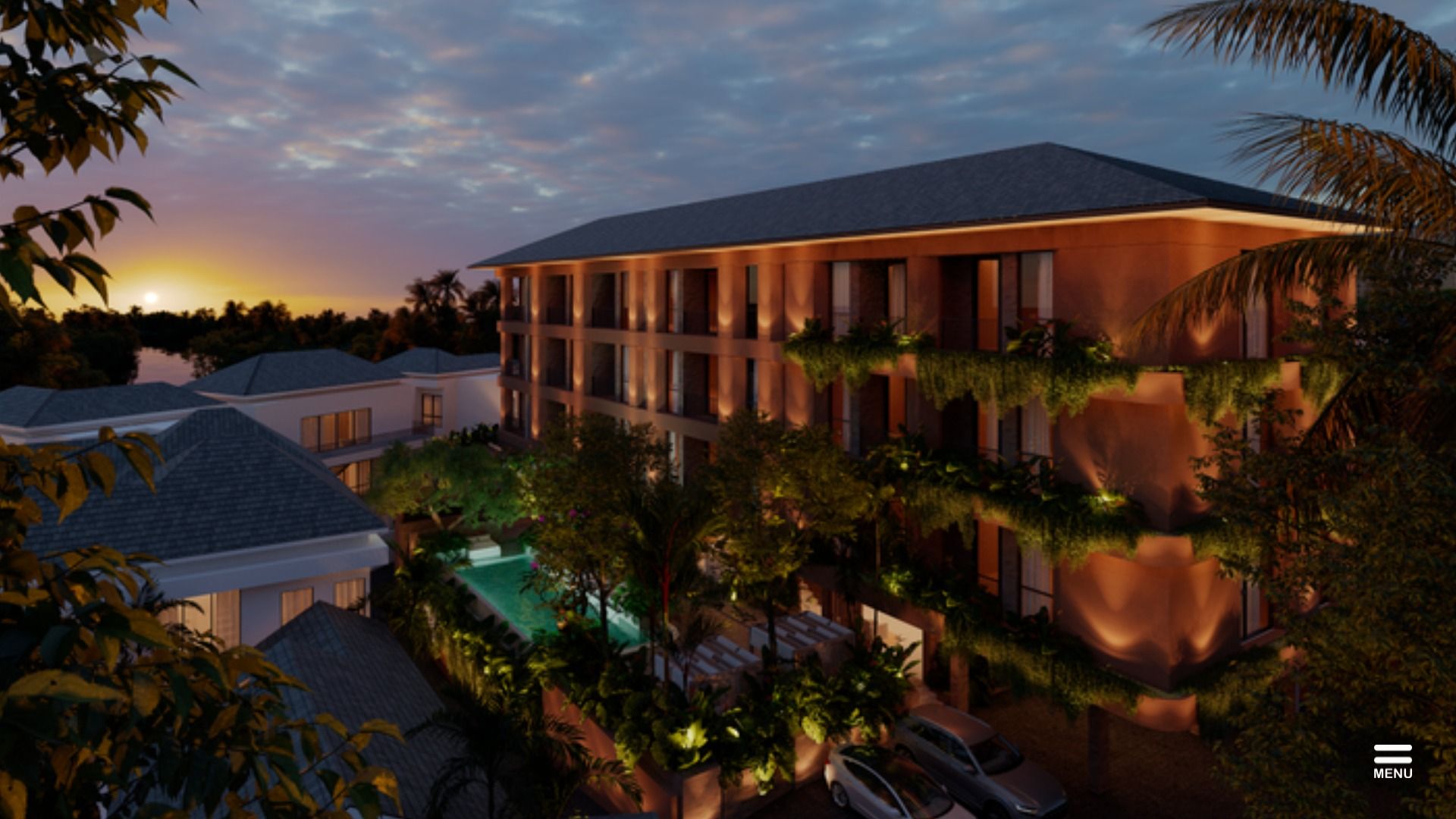 Aerial view of the Sanuuri Residences complex in Sanur surrounded by low-rise buildings and tropical greenery