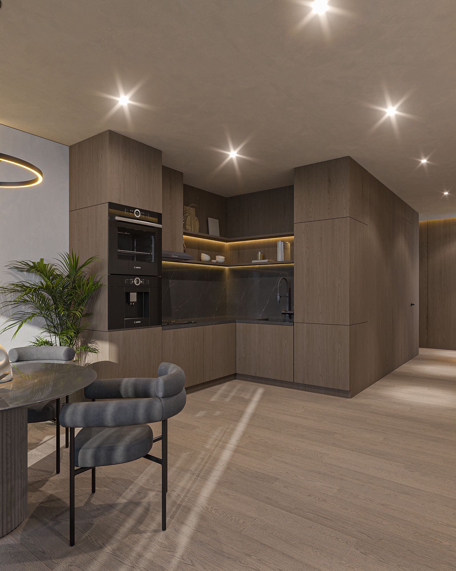 Fully equipped kitchen in a Sanuuri Residences apartment in Sanur, Bali, ready for cooking with local market produce