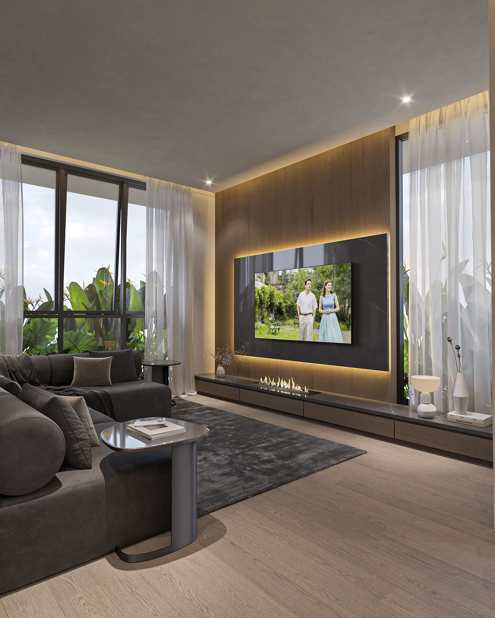 Furnished living room of a Sanur apartment with natural light and neutral interior finishes