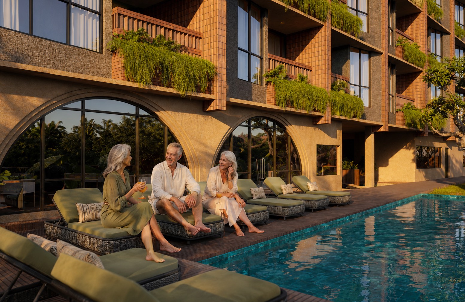 Residents relaxing by the pool at Sanuuri Residences in the late afternoon