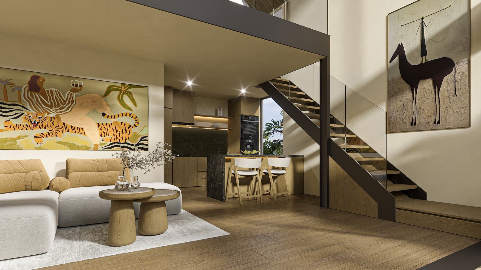 Living area of a one-bedroom loft at Sanuuri Residences with mezzanine bedroom above