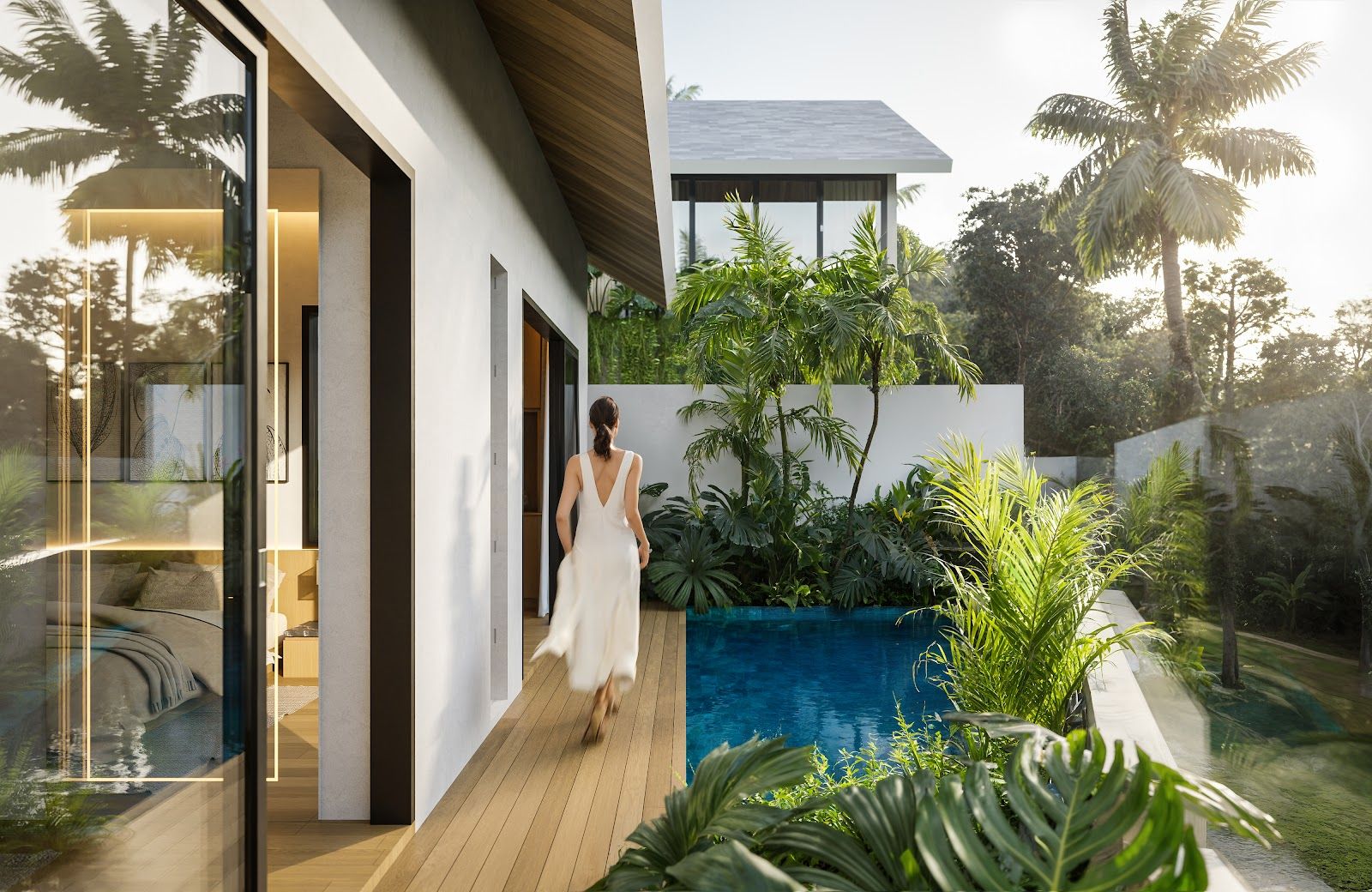 One-bedroom villa at Sanuuri Residences with a private pool, sun loungers and tropical planting